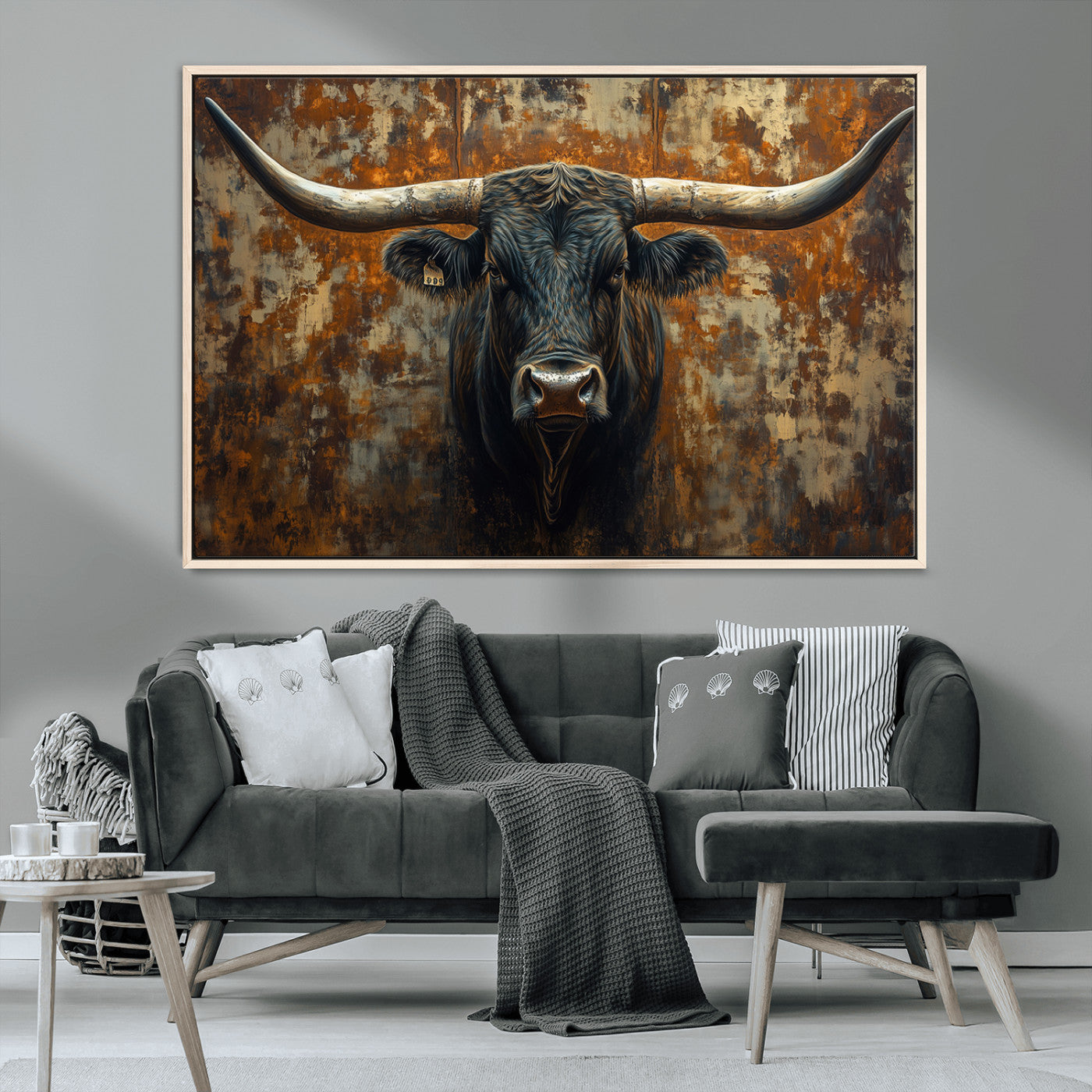 MGV-FC-36X24 - Longhorn Texas Cow Bull Wall Art | Rustic Farmhouse Canvas Print | Ready to Hang Barn Decor for