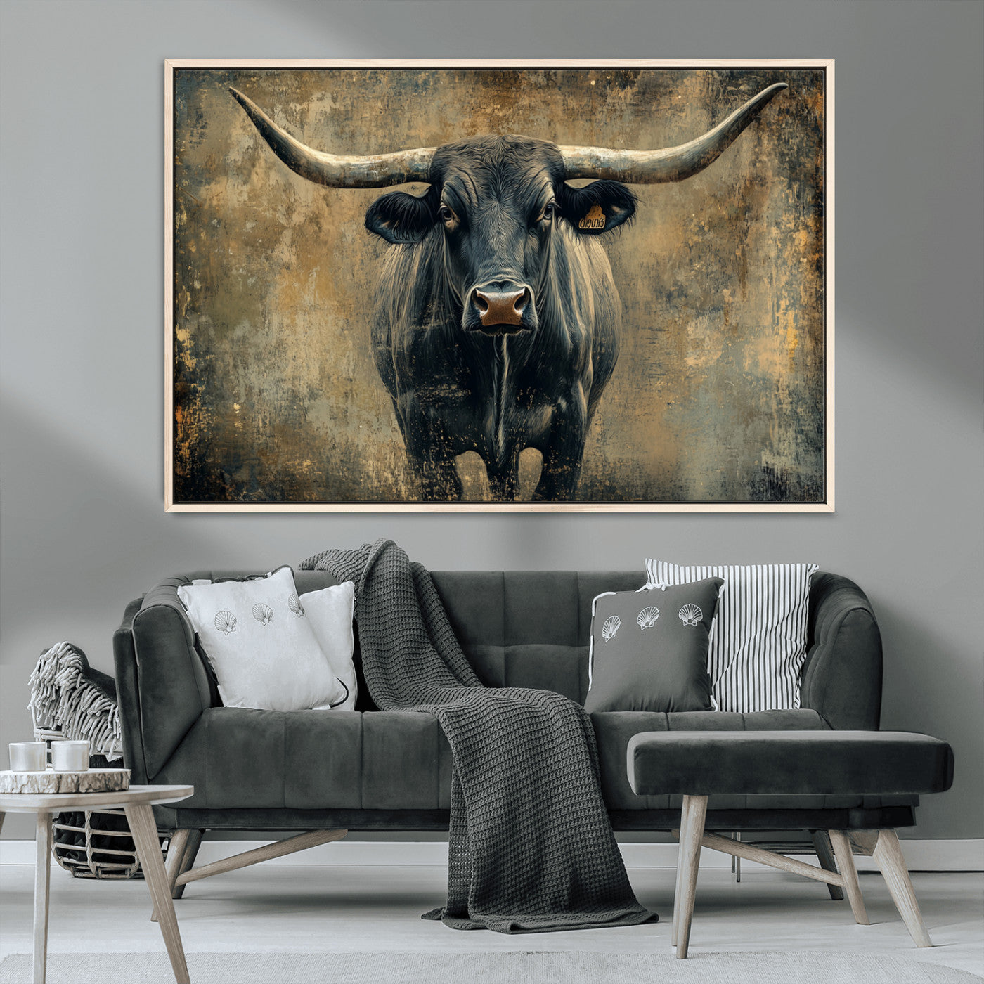 MGV-FC-36X24 - Longhorn Bull Wall Art Canvas Print, Framed Rustic Cow Art Picture Print, Texas Longhorn Perfect Western Decor Artwork