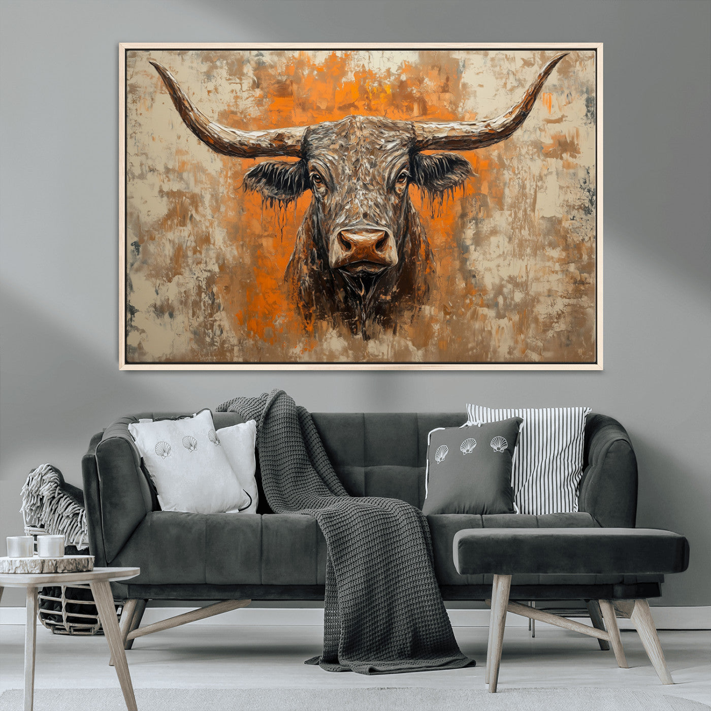 MGV-FC-36X24 - Abstract Cow Longhorn Bull Wall Art Canvas Print - Rustic Texas Western Cattle Artwork