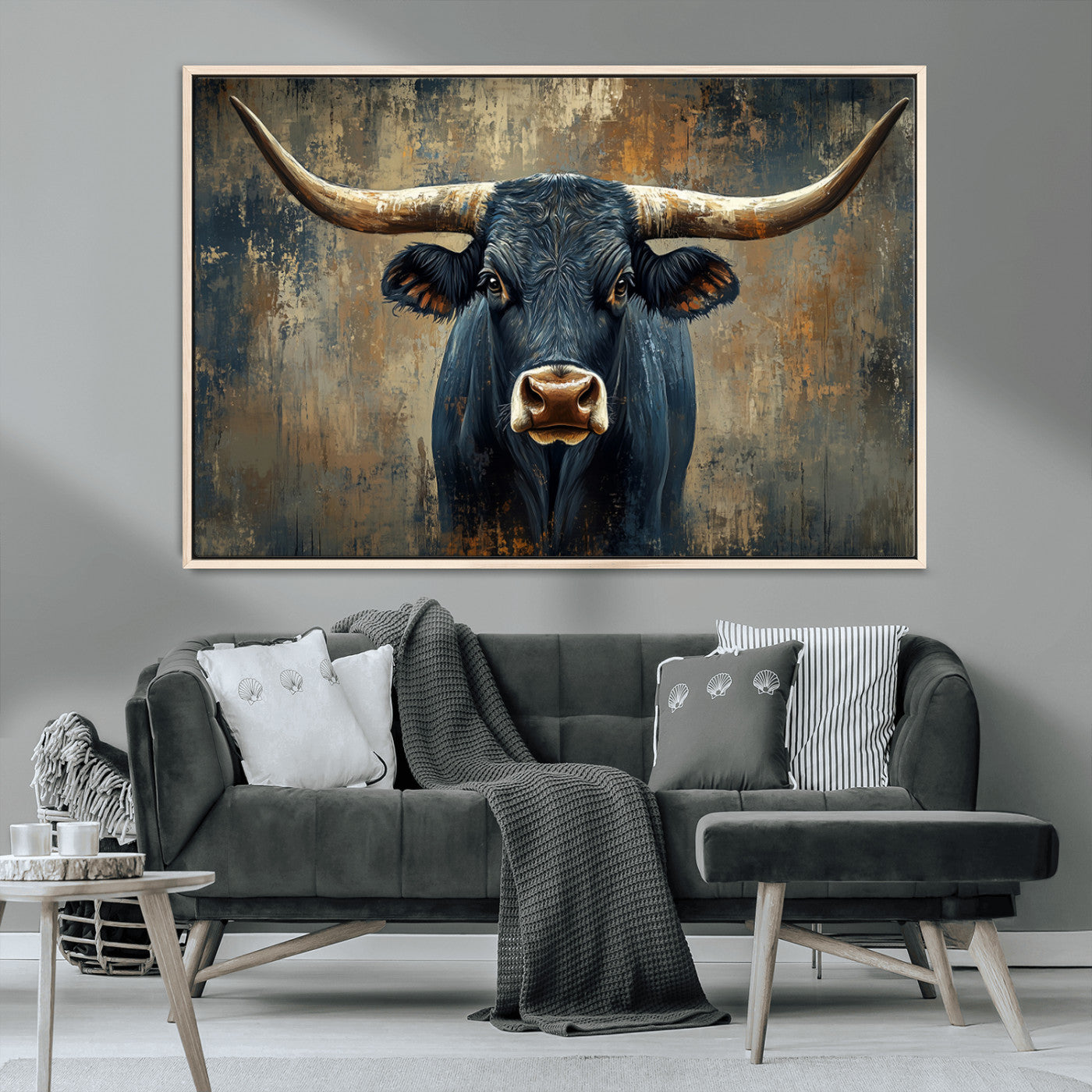 MGV-FC-36X24 - Texas Western Wall Art Canvas Print - Abstract Cow Longhorn Bull Wall Art Canvas Print - Rustic Cow