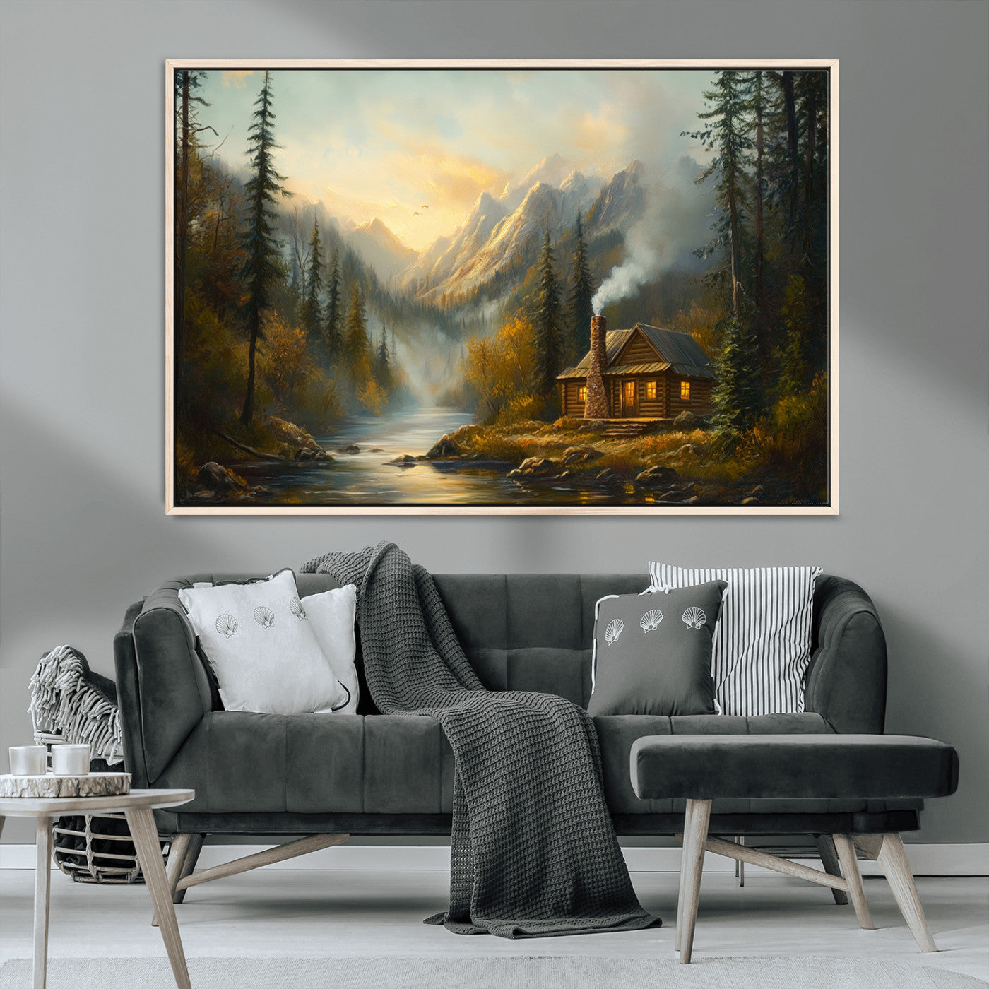 MGV-FC-36X24 - Wood Cabin Retreat Mountain at Sunset Wall Art Print - Serene Forest and River Landscape Wall Art