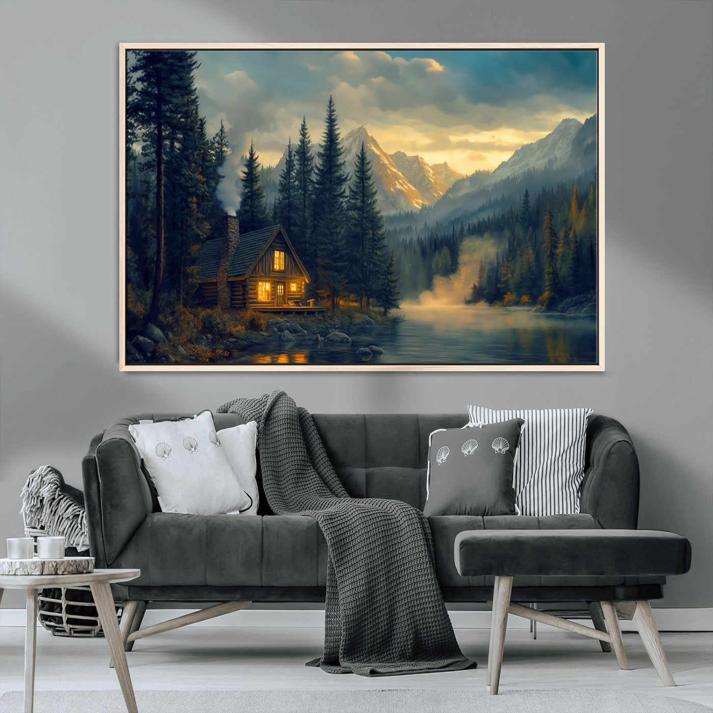 MGV-FC-36X24 - Mountain Cabin by the Lake at Sunset Wall Art - Serene Nature Canvas Print for Living Room Decor,