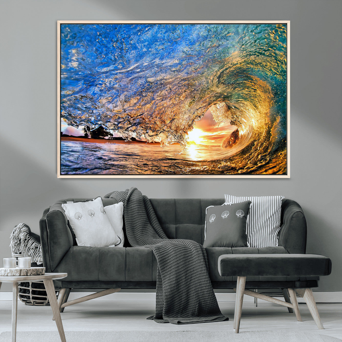 MGV-FC-36X24 - Ocean Wave at Sunset Canvas Wall Art – Vibrant Coastal Beach Waves Print, Large Nautical Decor,