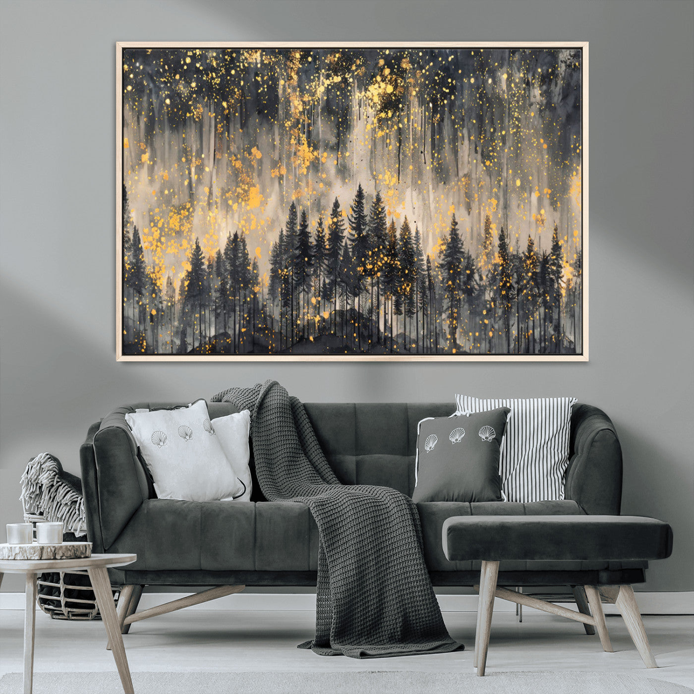 MGV-FC-36X24 - Golden Forest Abstract Wall Art | Dark Forest with Gold Splatter Accents | Triptych Ready to Hang