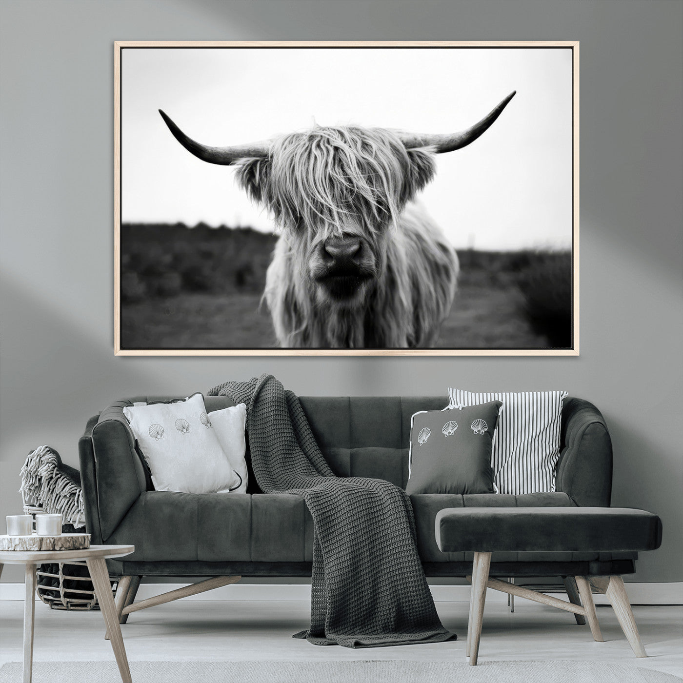 MGV-FC-36X24 - Highland Cow Wall Art | Black and White Farmhouse Decor | Triptych Canvas Print | Rustic Barn Decor