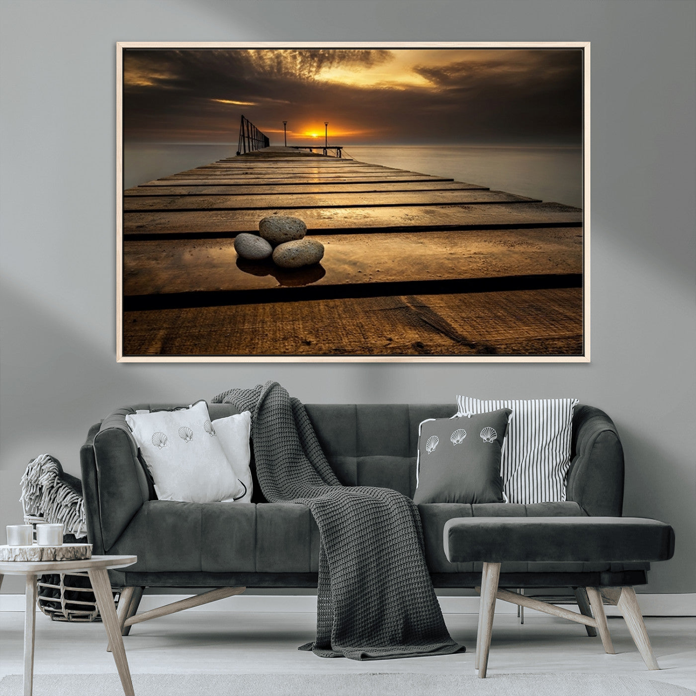 MGV-FC-36X24 - Stones on Wooden Pier at Sunset Canvas Print, Serene Coastal Wall Art, Beach Sunset Photography,