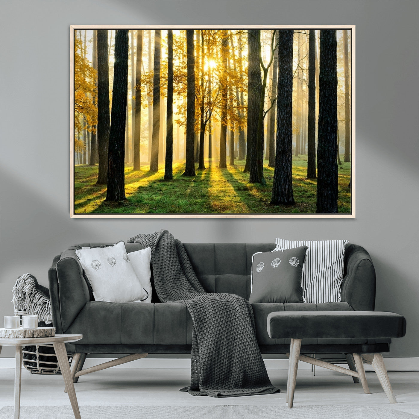 MGV-FC-36X24 - Sunlit Forest Canvas Wall Art – Serene Woodland Triptych Landscape Print – Nature-Inspired Decor for