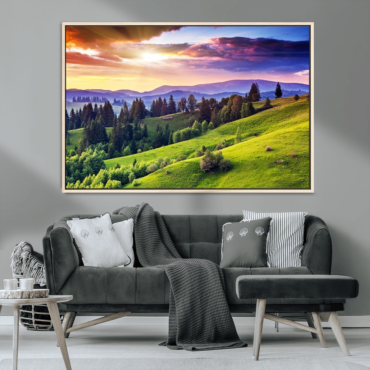 MGV-FC-36X24 - Green Hills and Sunset Wall Art Print - Scenic Landscape with Lush Greenery and Vibrant Sky, Ready