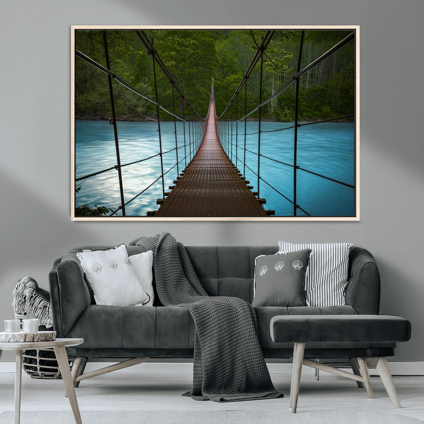 MGV-FC-36X24 - Suspension Bridge Over River Canvas Art | 3-Panel Nature Photography | Scenic Wall Art for Living