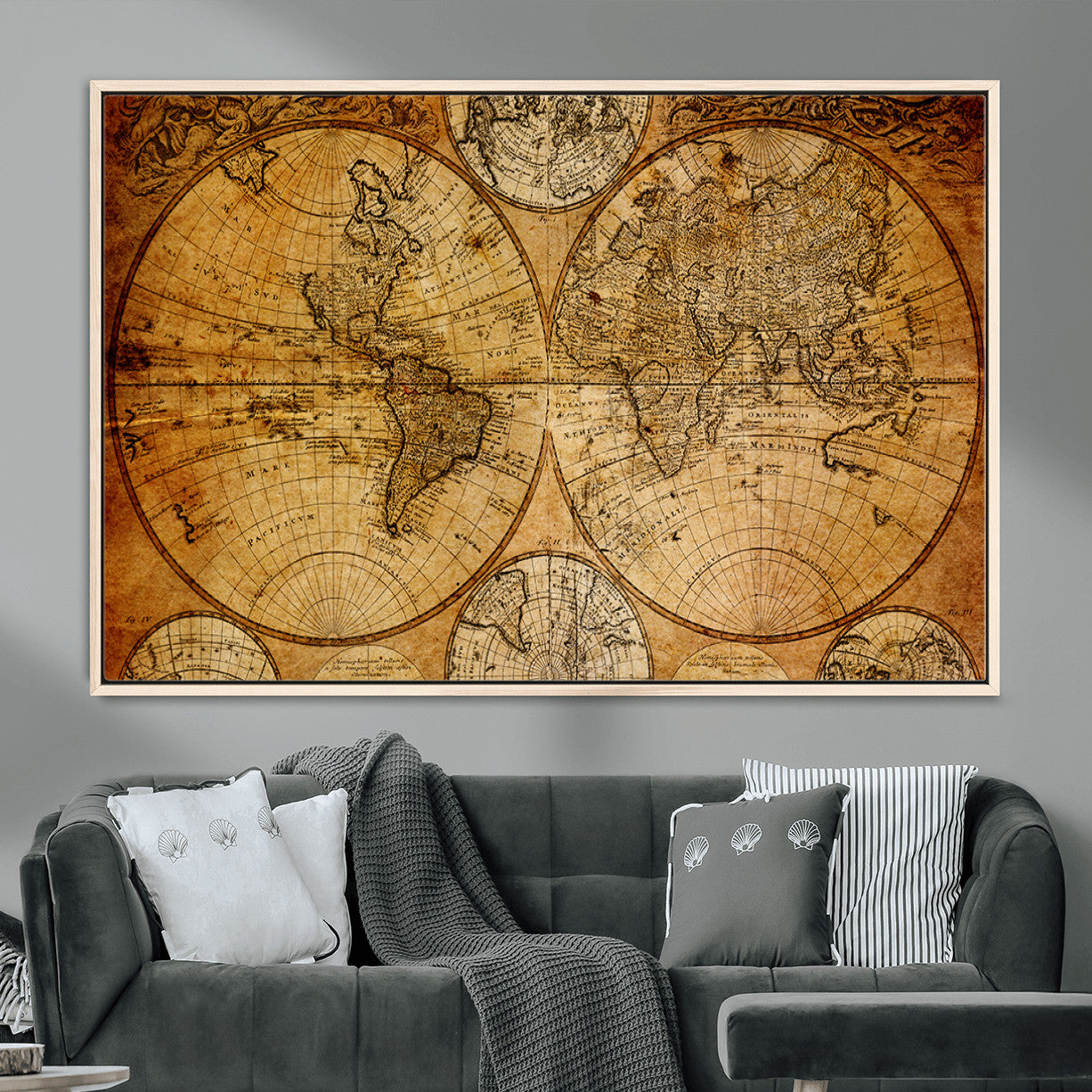25517-MGV-FC-36X24 - Vintage World Map Canvas Print – Antique Push Pin Travel Map, Framed Wall Art for Home or Office Decor