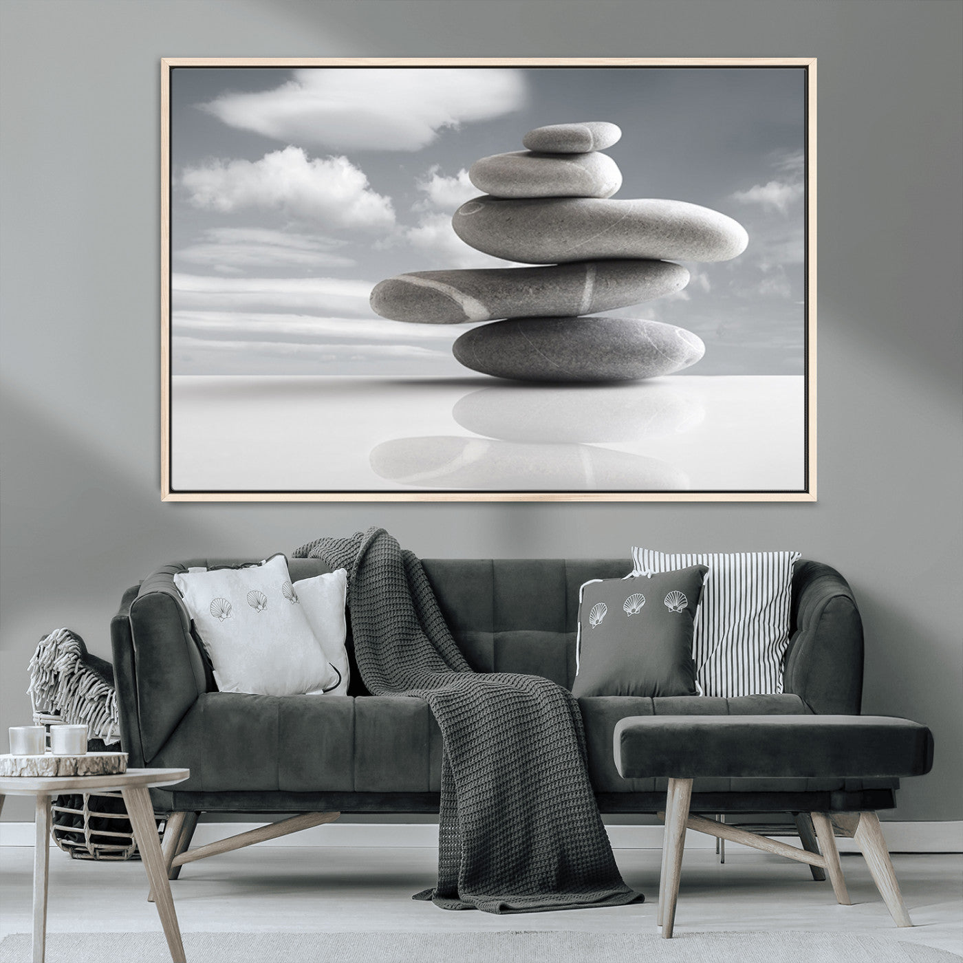 MGV-FC-36X24 - Still Life Black and White Zen Stones Wall Art Canvas, Framed Black and White Zen Stones Canvas