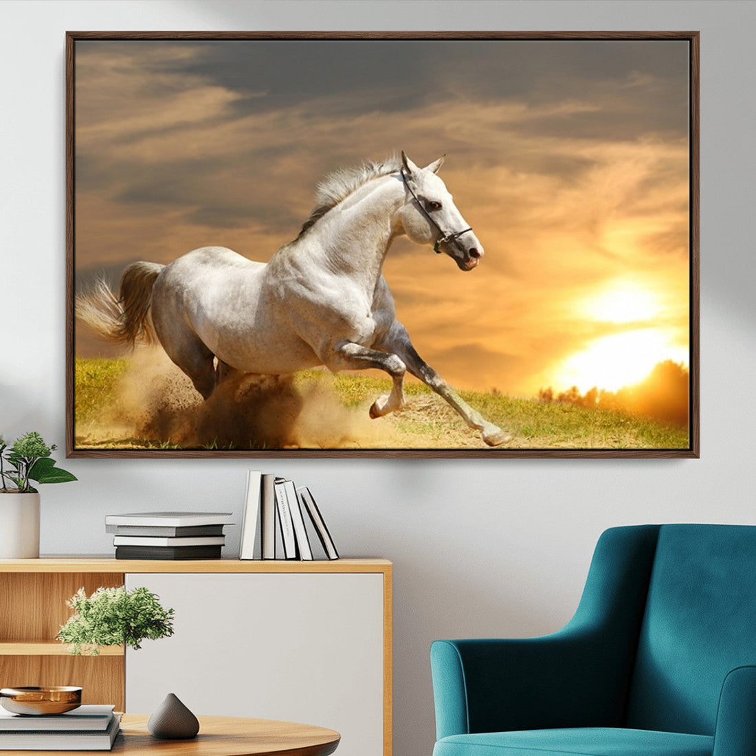 Large Wall Art Galloping White Horse at Sunset Canvas Print