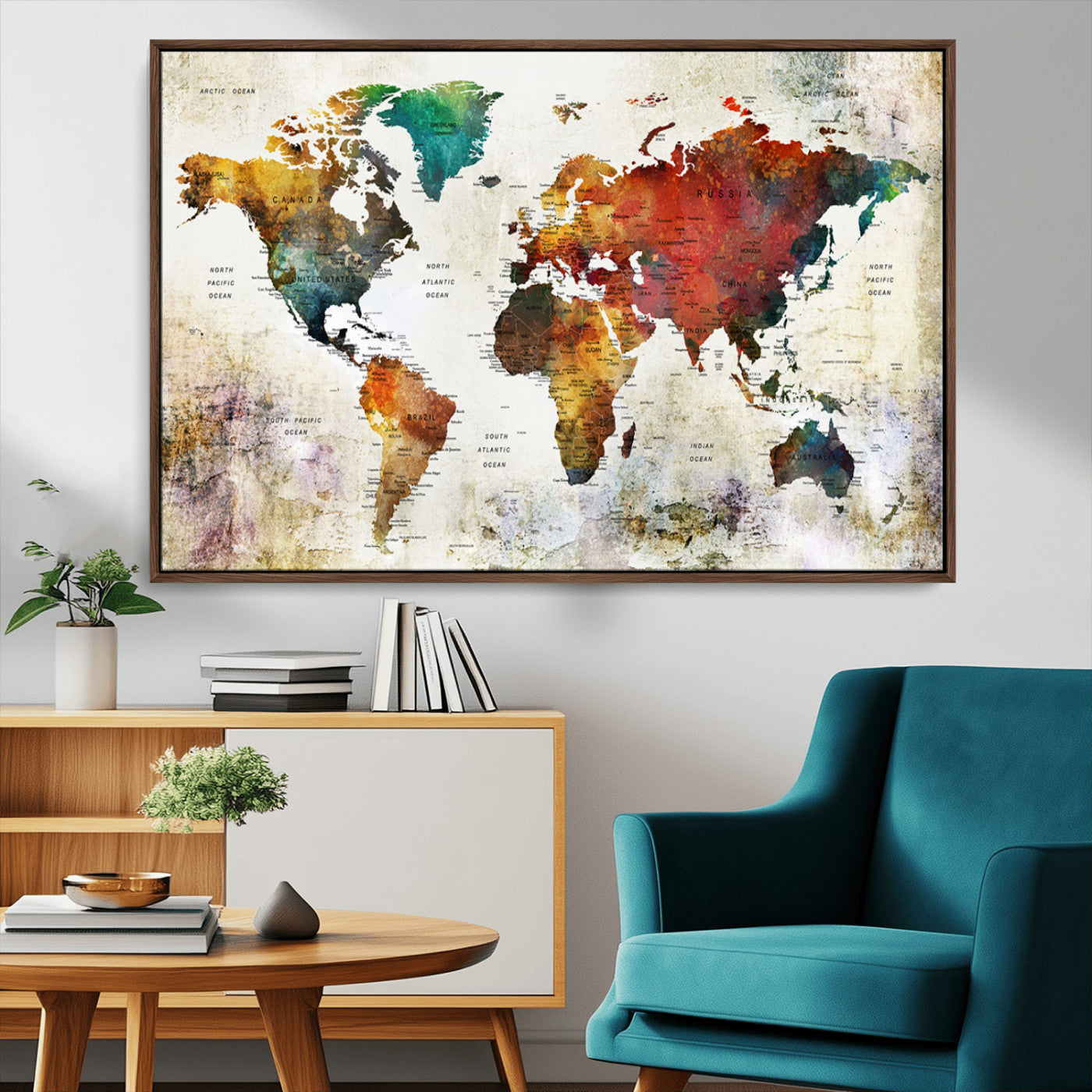 -Push Pin World Map Canvas Print – Framed Wall Art for Couples to Track Their Travels – Anniversary