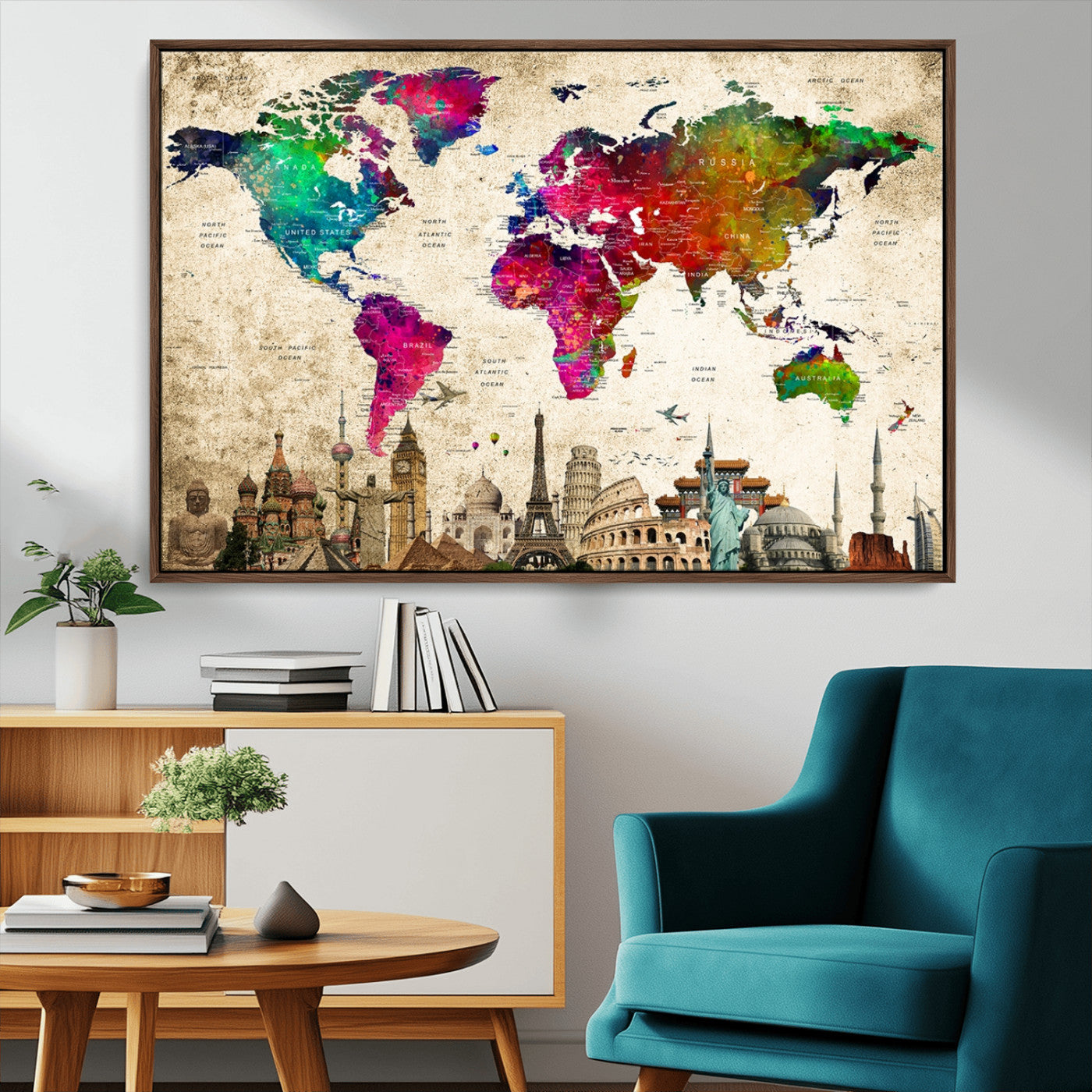 MGV-FC-36X24 - Push Pin World Map Canvas Print – Framed Wall Art for Couples to Track Their Travels – Anniversary