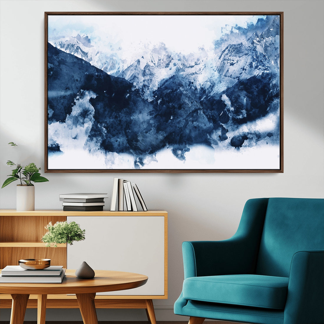 Abstract Blue Mountain Canvas Wall Art | Modern Triptych Landscape Print