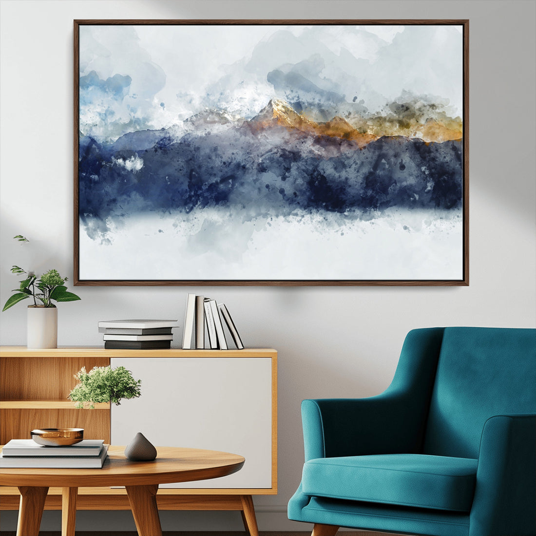 Abstract Mountain Range Art Canvas Print | 3 Panel Blue and Orange Watercolor Landscape