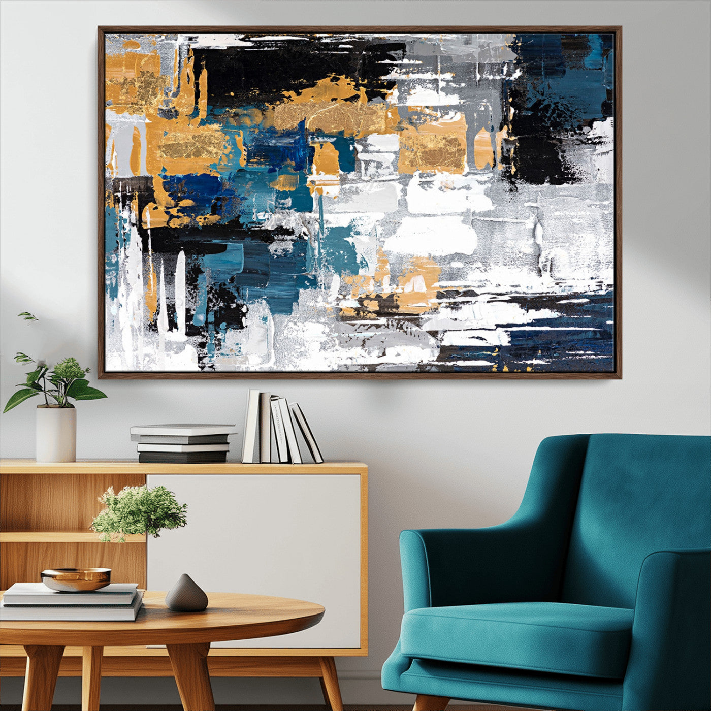 57708-MGV-CV-36X24-Blue and Gold Abstract Canvas Wall Art – Triptych Modern Painting for Living Room – Framed and Ready to Hang