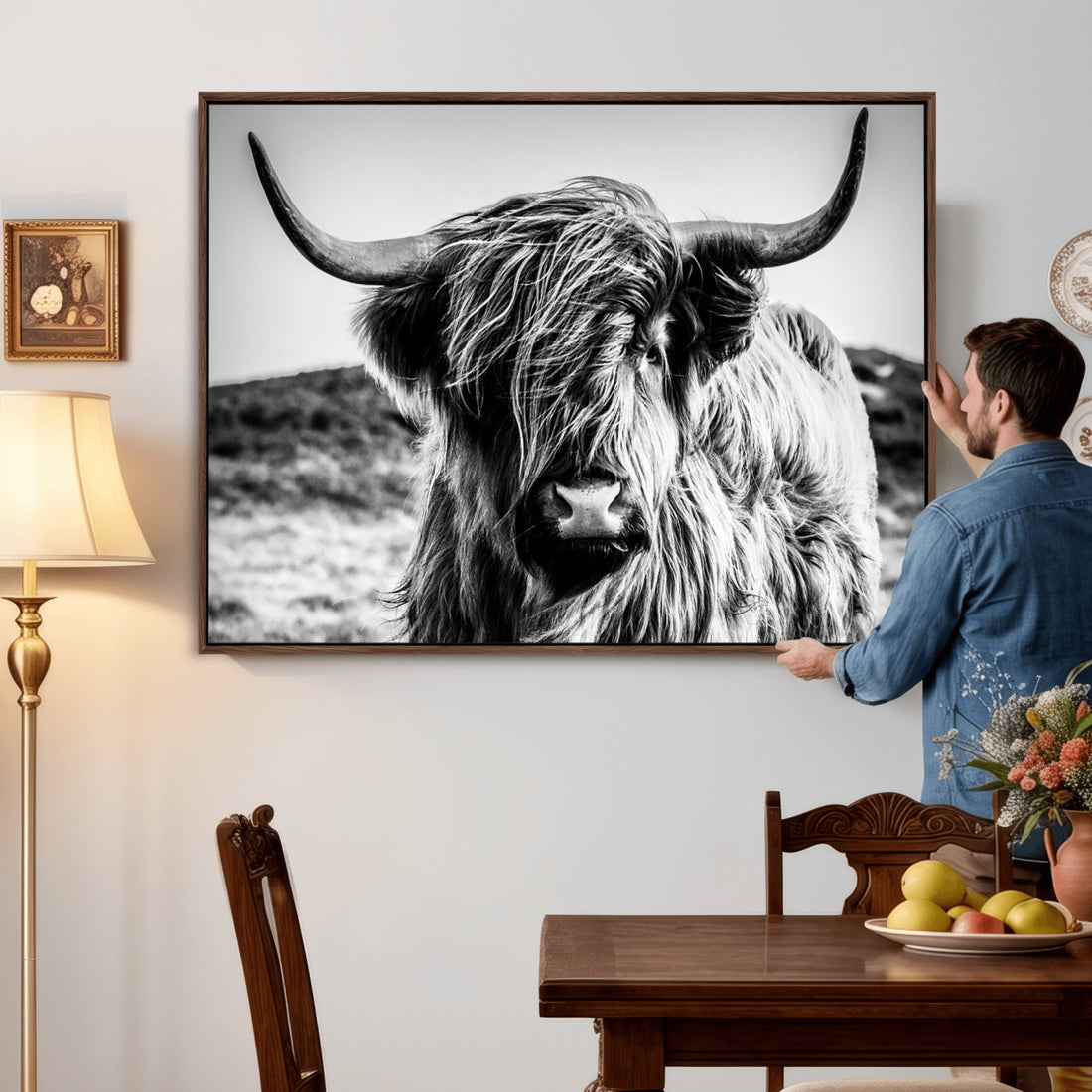 Highland Cow Wall Art | Black and White Farmhouse Canvas Print