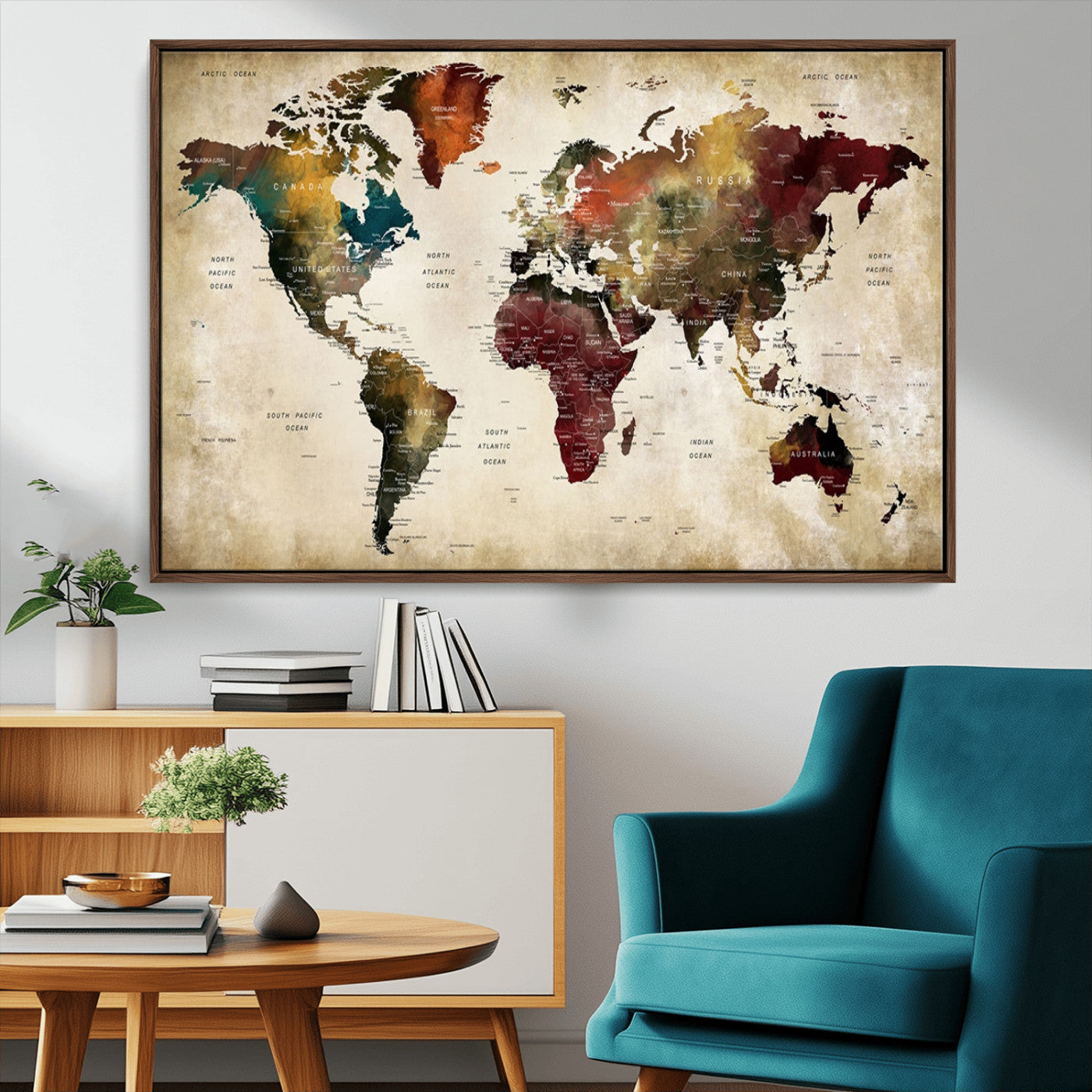 MGV-FC-36X24 - Large World Map Wall Art Canvas Print, Framed Push Pin Map Art Picture Print, Abstract Traveller Map Perfect Modern Decor Artwork