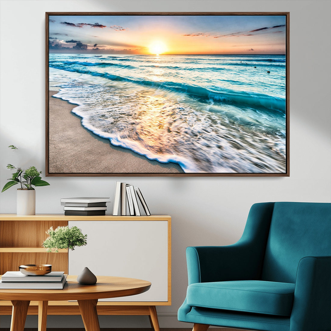 Sunset Beach Waves Canvas Wall Art | Ocean Sunset Coastal Print