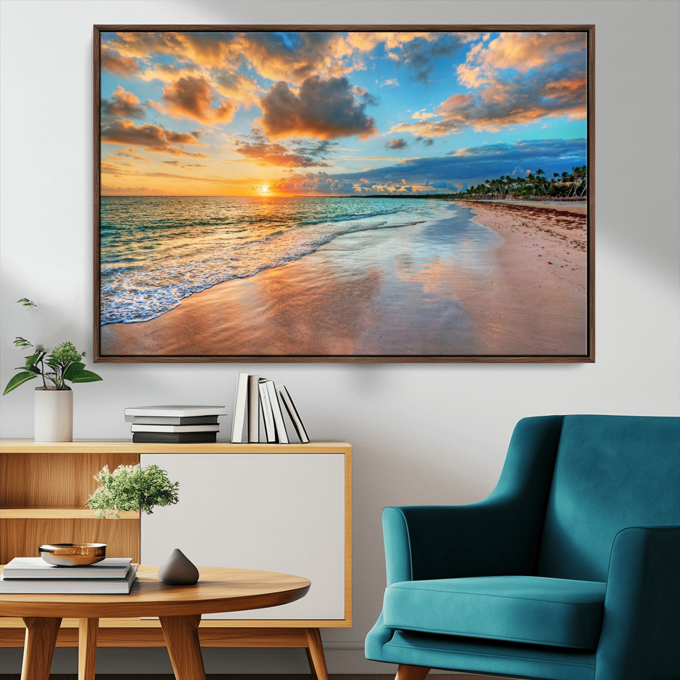 MGV-FC-36X24 - Sunset Ocean Waves on Tropical Beach, 3-Panel Giclee Canvas Art for Coastal Home Decor, Vibrant Palm-Lined Shore