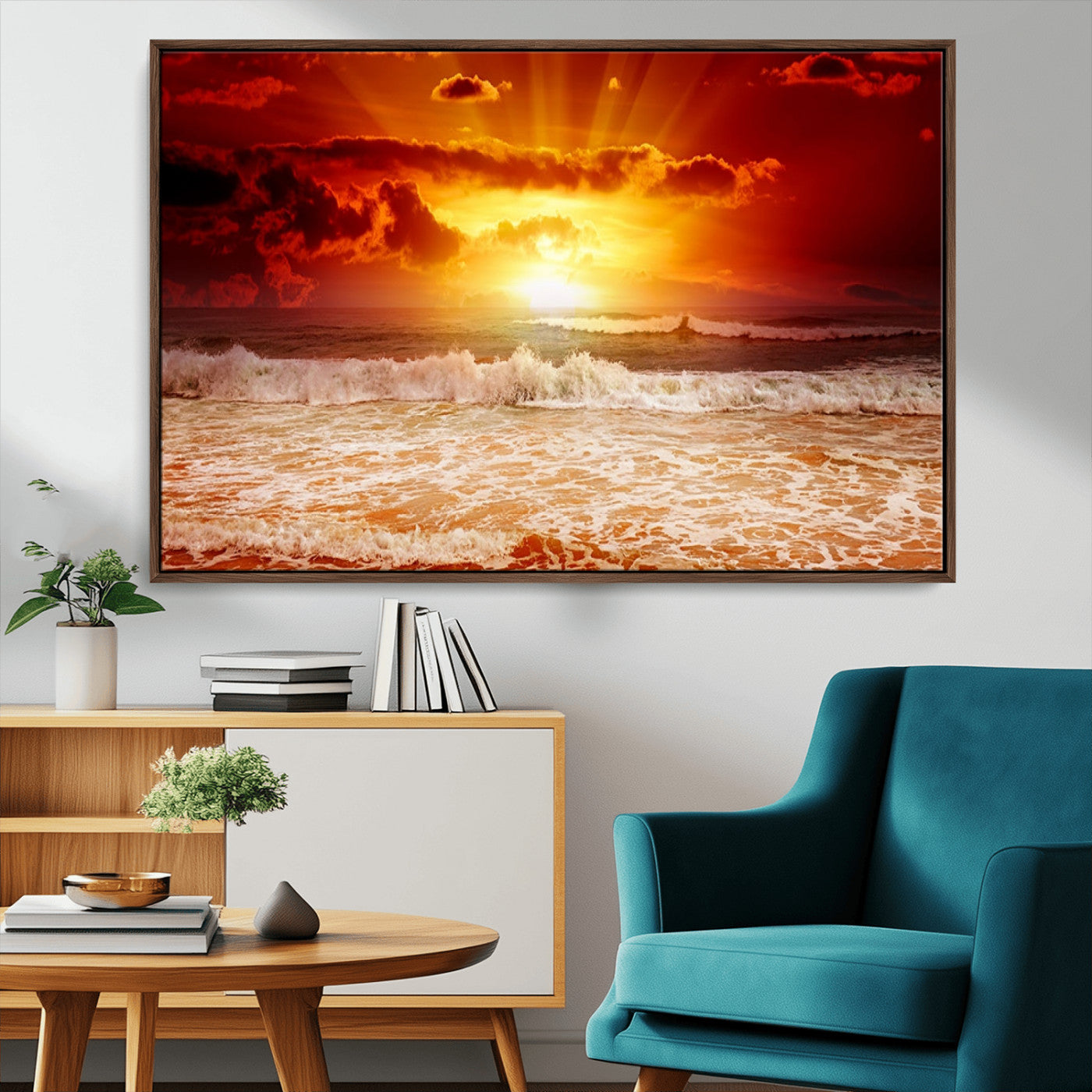 MGV-FC-36X24 - Red Sunset Ocean Beach Canvas Wall Art Beach Canvas, Coastal Sunset Print