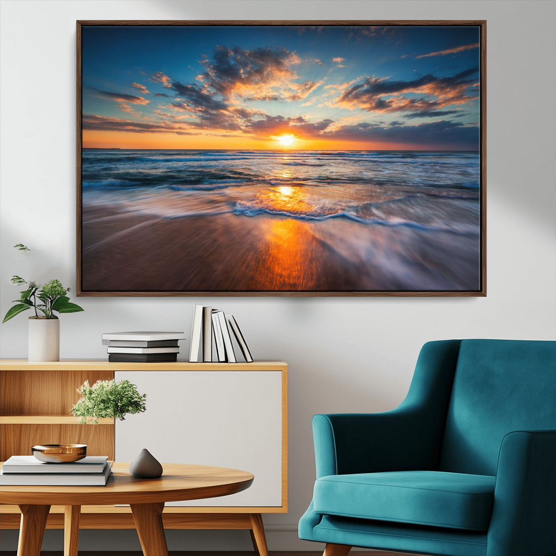 Sunset on the Ocean Beach with Waves, Reflections on Sand, Coastal Wall Art Print
