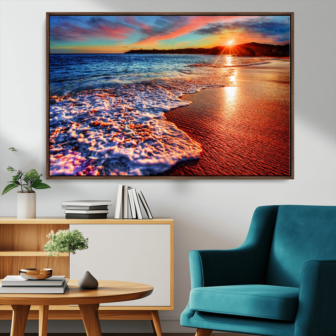 Colorful Coastal Sunset on the Beach Canvas Print, Ocean Waves Crashing at Dusk