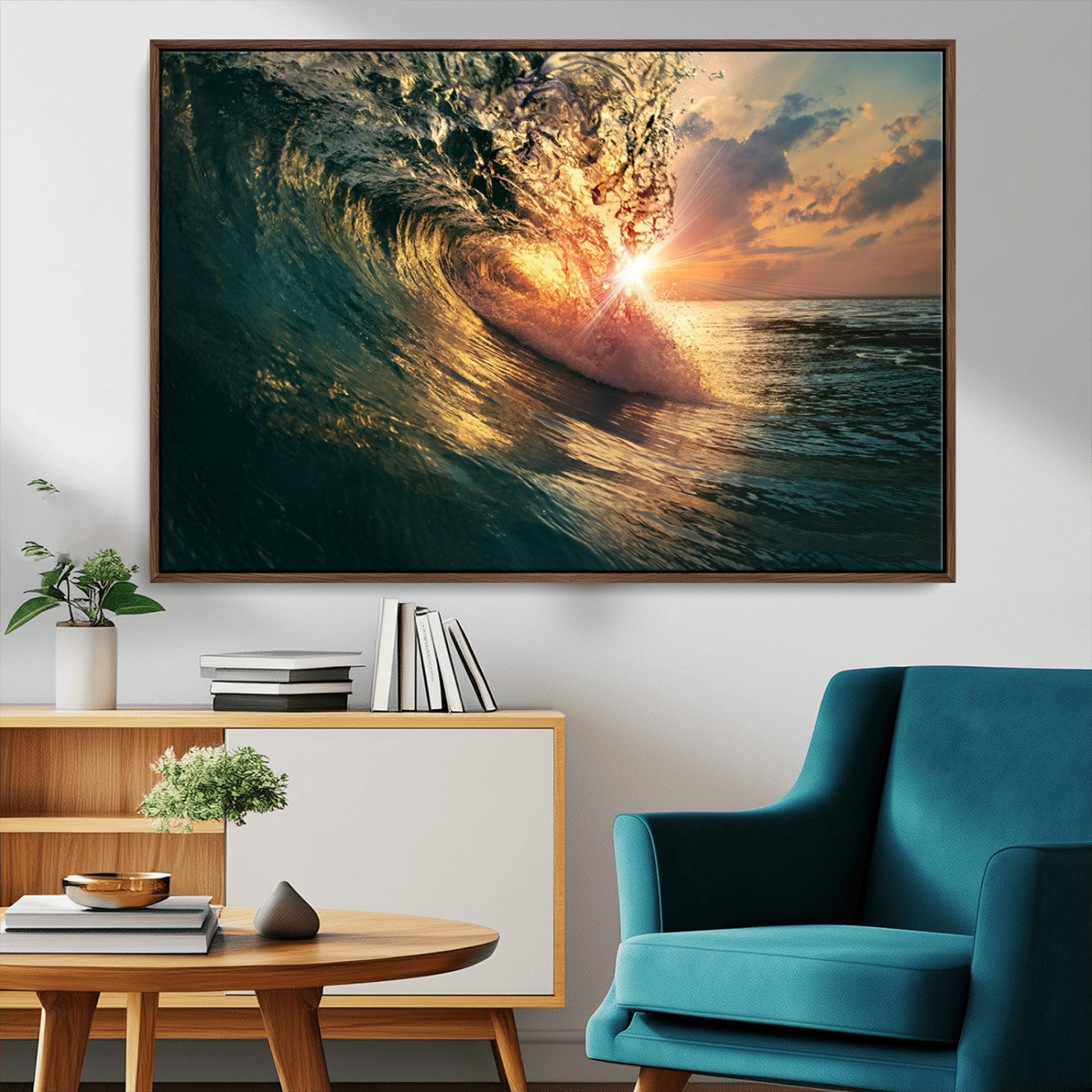 MGV-FC-36X24 - Ocean Wave Sunset Canvas Wall Art – Triptych Seascape Print – Framed and Ready to Hang for Living Room or Office