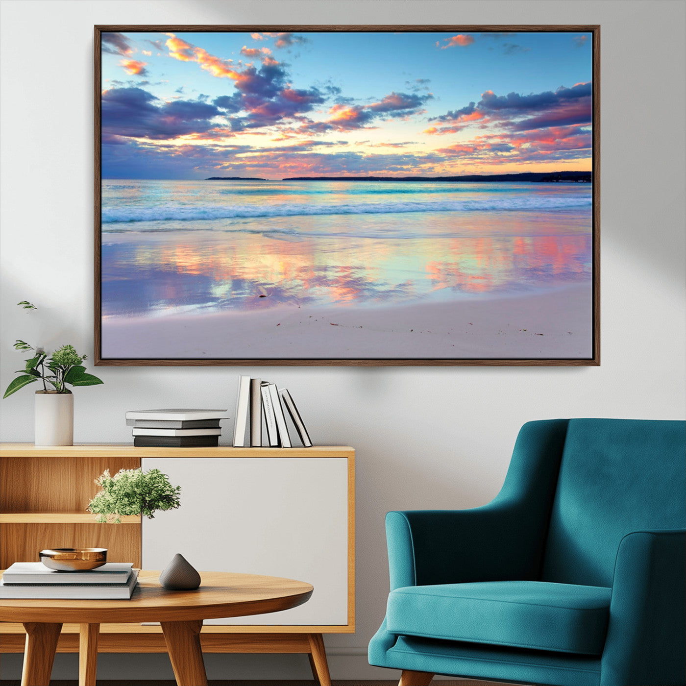 MGV-FC-36X24 - Tranquil Pastel Sunset Beach Triptych Canvas Art, Soothing Coastal Ocean Shoreline Giclee Print, Beach Reflections Wall Decor for Serene Spaces