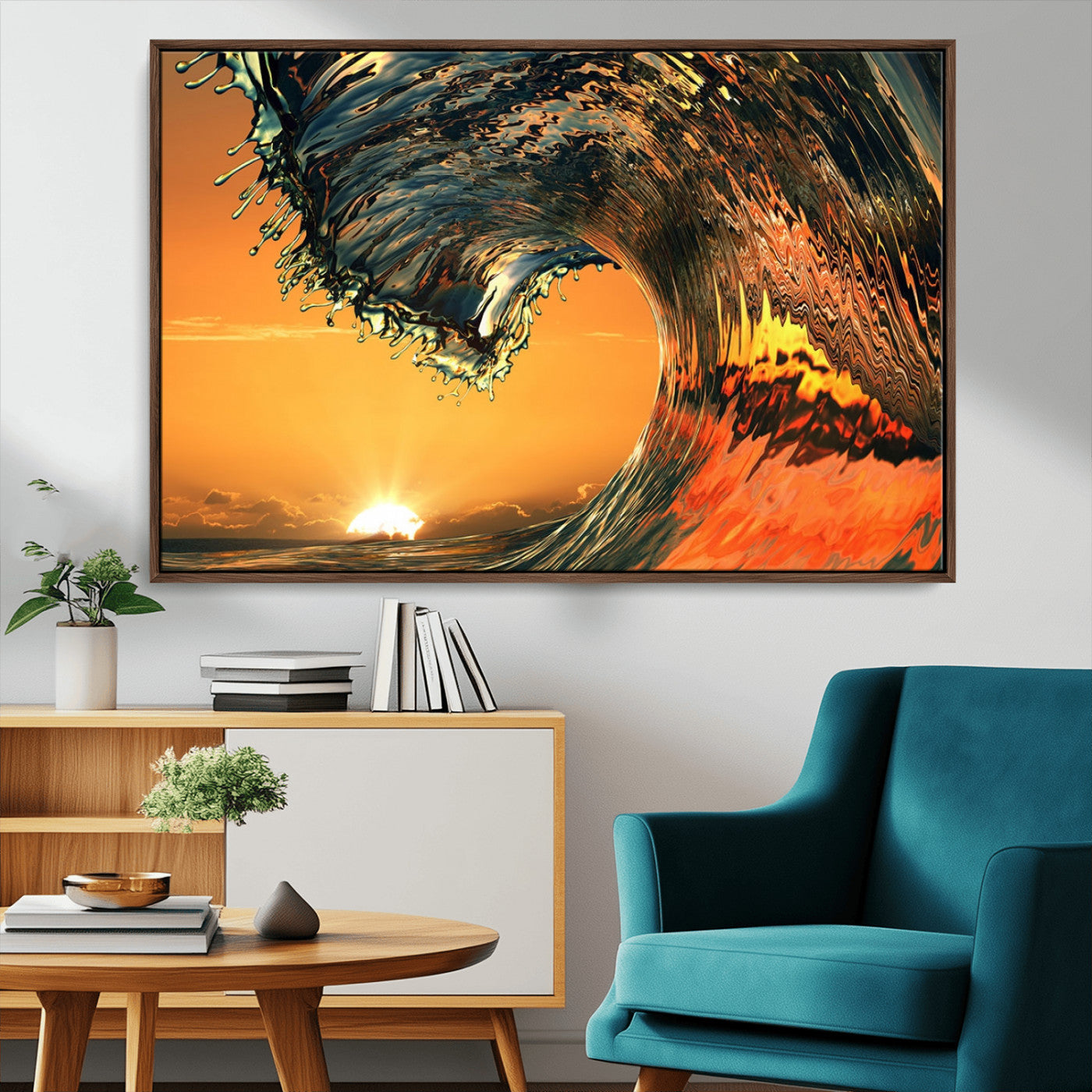 -Surf Wave Sunset Canvas Wall Art Print, 3-Panel Ocean Coastal Wall Art Print, Ocean Decor for