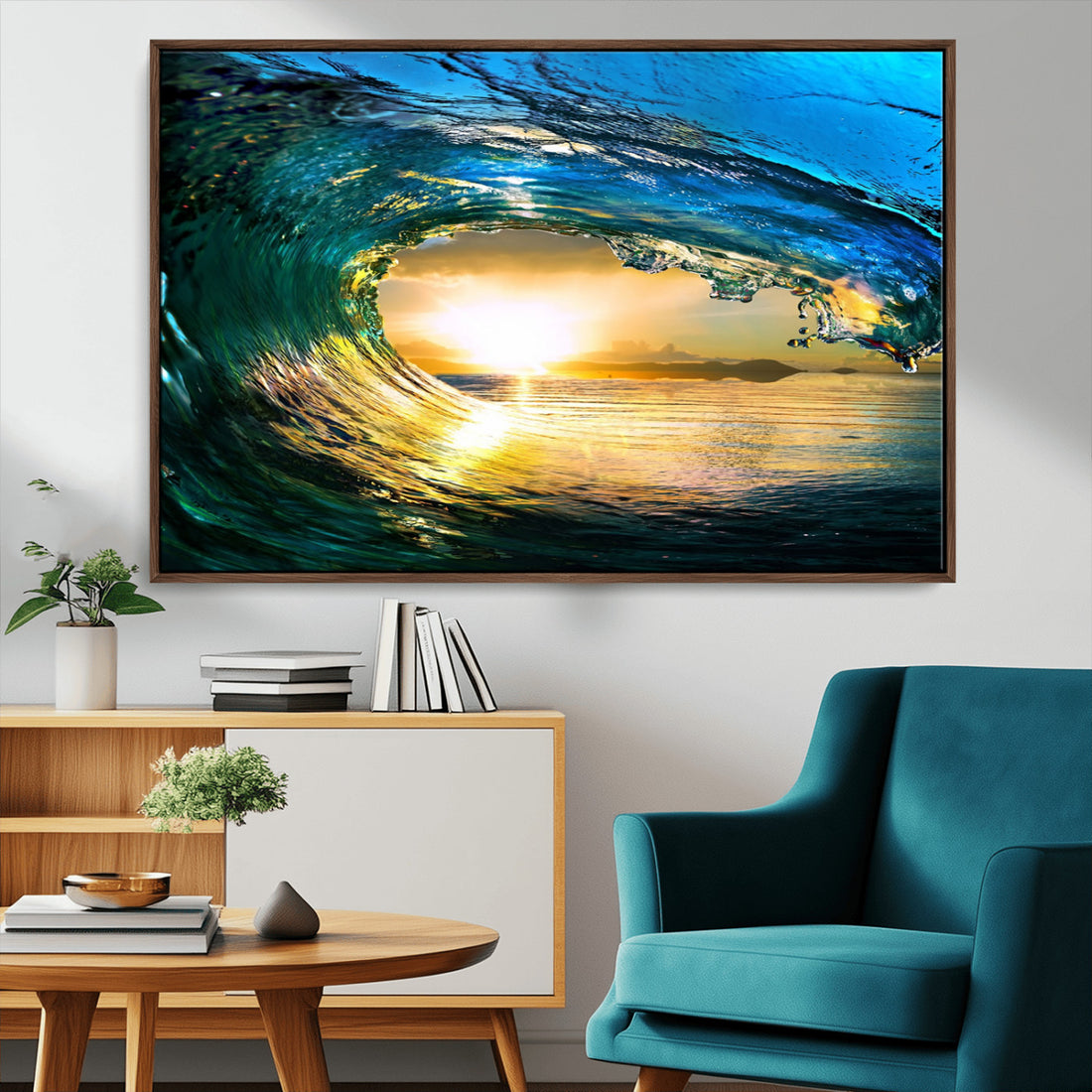 Ocean Wave at Sunset Canvas Art, Large Wall Print of Vibrant Surfing Wave