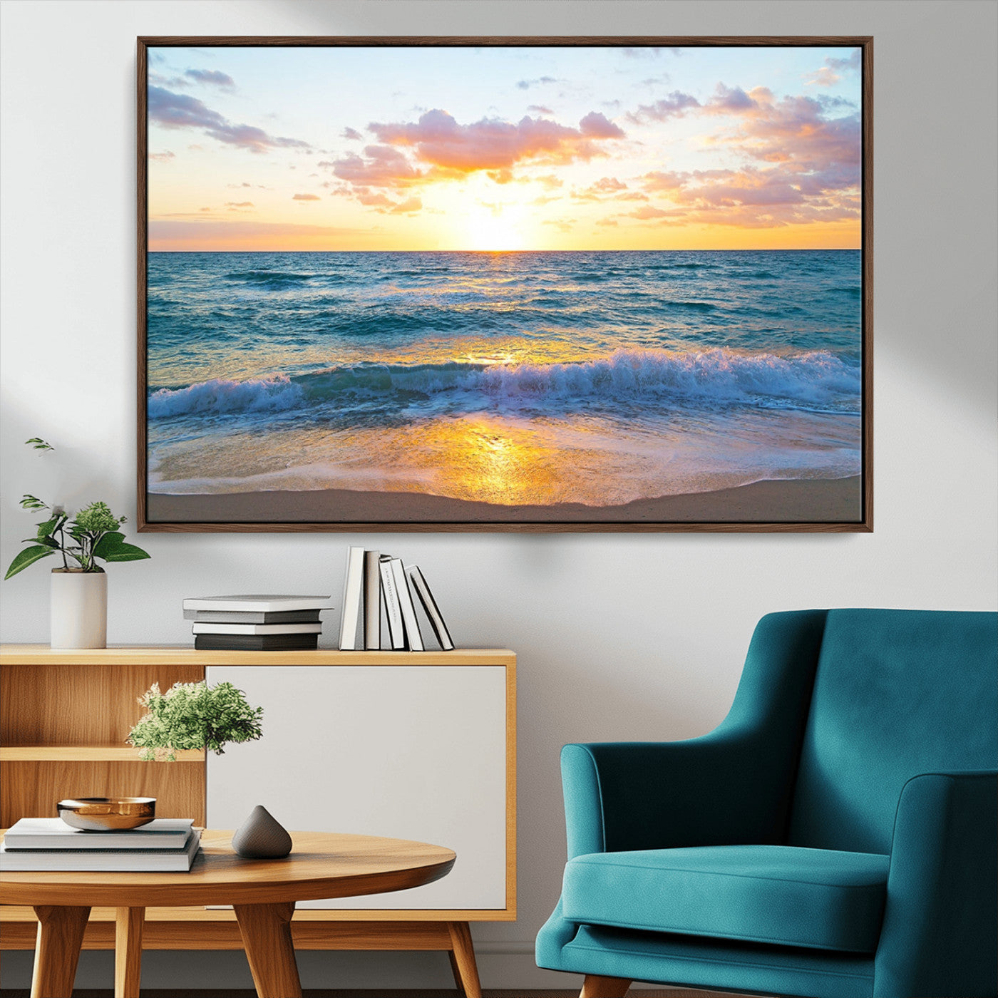 MGV-FC-36X24 - Ocean Sunset Triptych Canvas Wall Art, Giclee Beach Sunset Print with Gentle Waves, Coastal Art for Relaxation Spaces