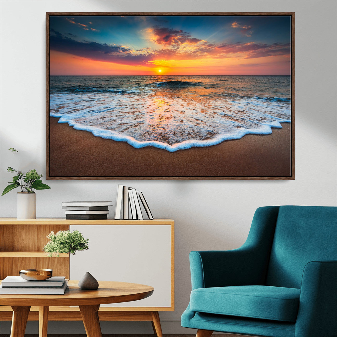 MGV-FC-36X24 - Sunset Beach Canvas Wall Art – Colorful Ocean Waves Triptych – Coastal Decor for Living Room or Bedroom – Framed and Ready to Hang