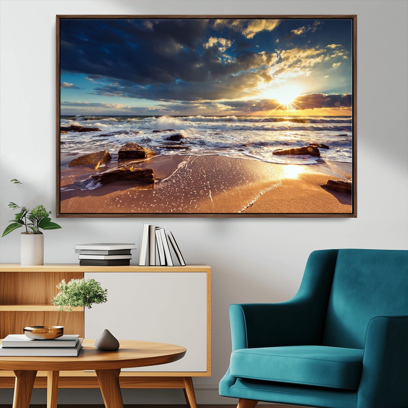 MGV-FC-36X24 - Golden Hour Beach Sunset Canvas Triptych, Ocean Waves and Rocks Wall Art for Coastal Home Decor