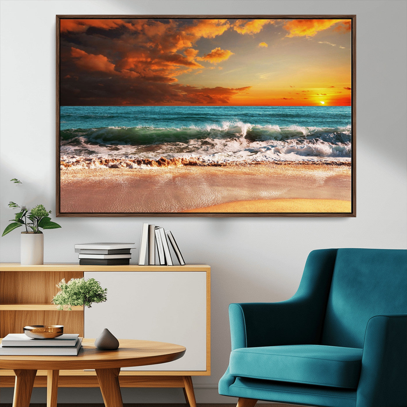 MGV-FC-36X24 - Golden Sunset Beach Canvas Wall Art – Triptych Seascape Print – Framed and Ready to Hang for Living Room or Office