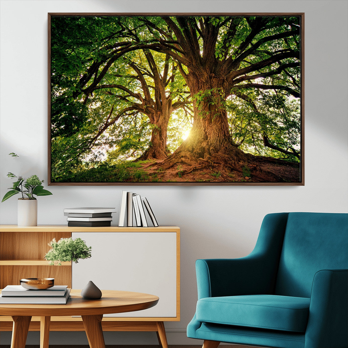 MGV-FC-36X24 - Majestic Ancient Tree Wall Art, Nature-Inspired Canvas Print, Woodland Art, Tree of Life Artwork, Sunlit Forest, Giclee Nature Print
