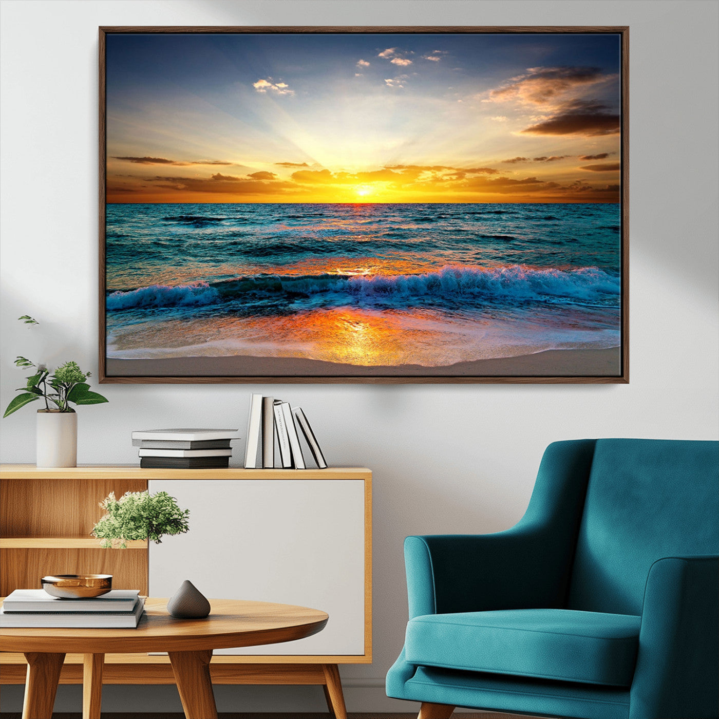 MGV-FC-36X24 - Vibrant Ocean Sunrise Over Golden Beach Waves, Giclee Canvas Wall Art Set, High-Quality Stretched Canvas Print, Ready to Hang Coastal Sunset Wall