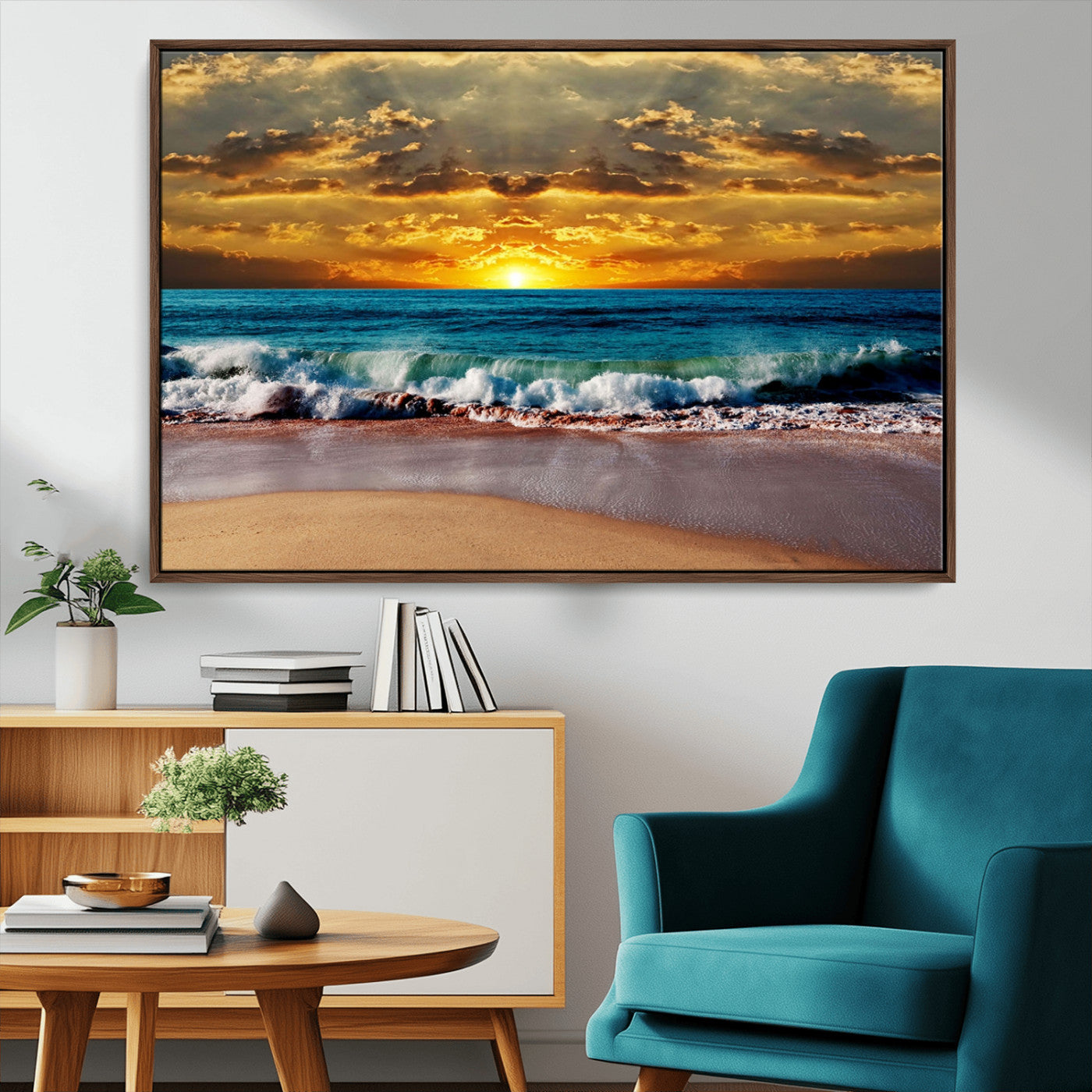 MGV-FC-36X24 - Ocean Sunrise Over Golden Beach Waves, Giclee Canvas Wall Art Set, High-Quality Stretched Canvas Print, Ready to Hang Coastal Sunset Wall Decor