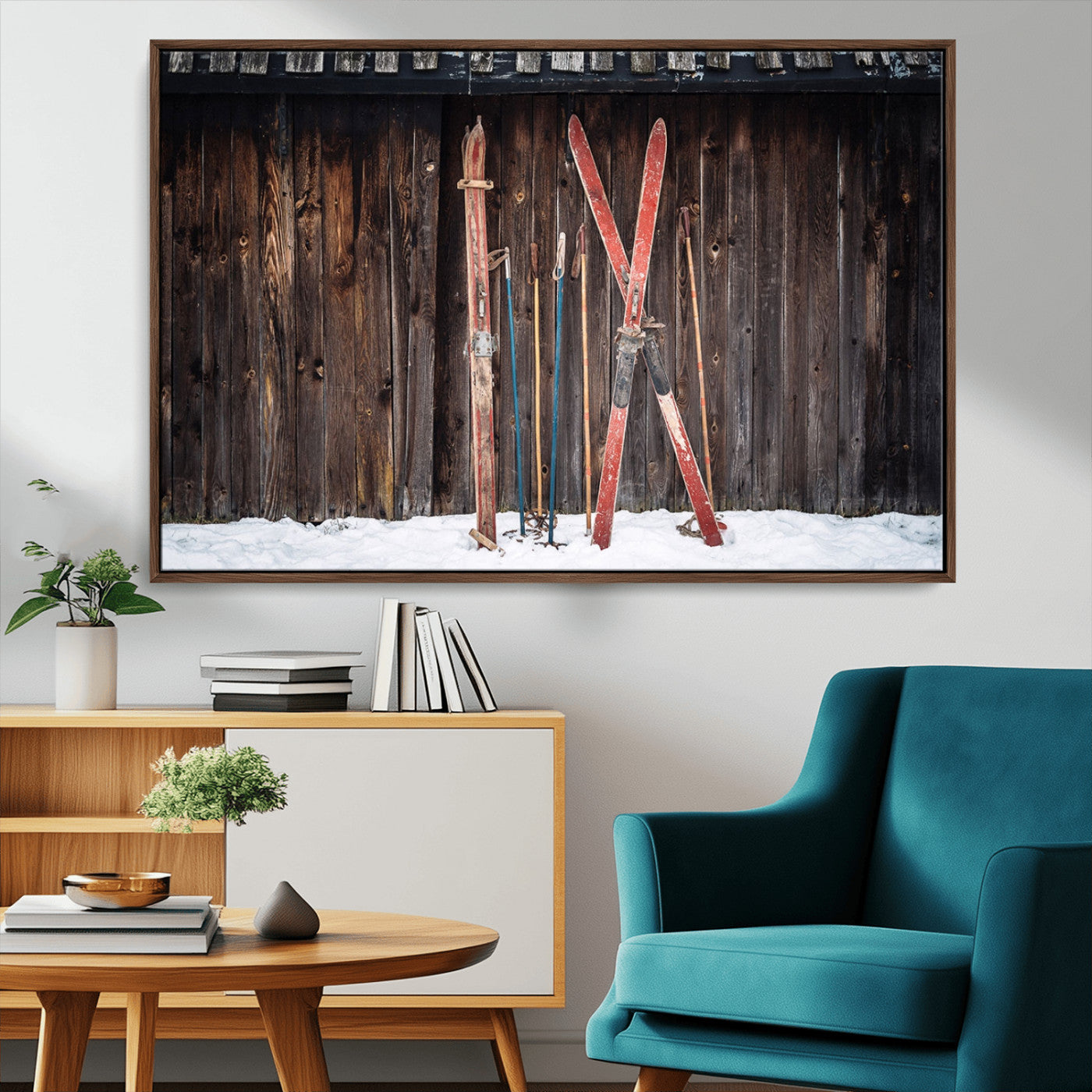 MGV-FC-36X24 - Vintage Ski Gear Against Wooden Cabin Wall, Rustic Winter Sports Equipment Canvas Print, Ready to Hang Wall Art, Perfect for Lodge or Ski Cabin Decor