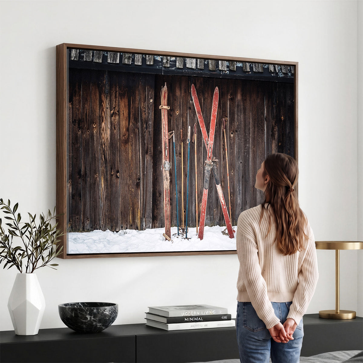 78590-MGV-CV-36X24 - Vintage Ski Gear Canvas Print, Vintage Ski Gear Against Wooden Cabin Wall