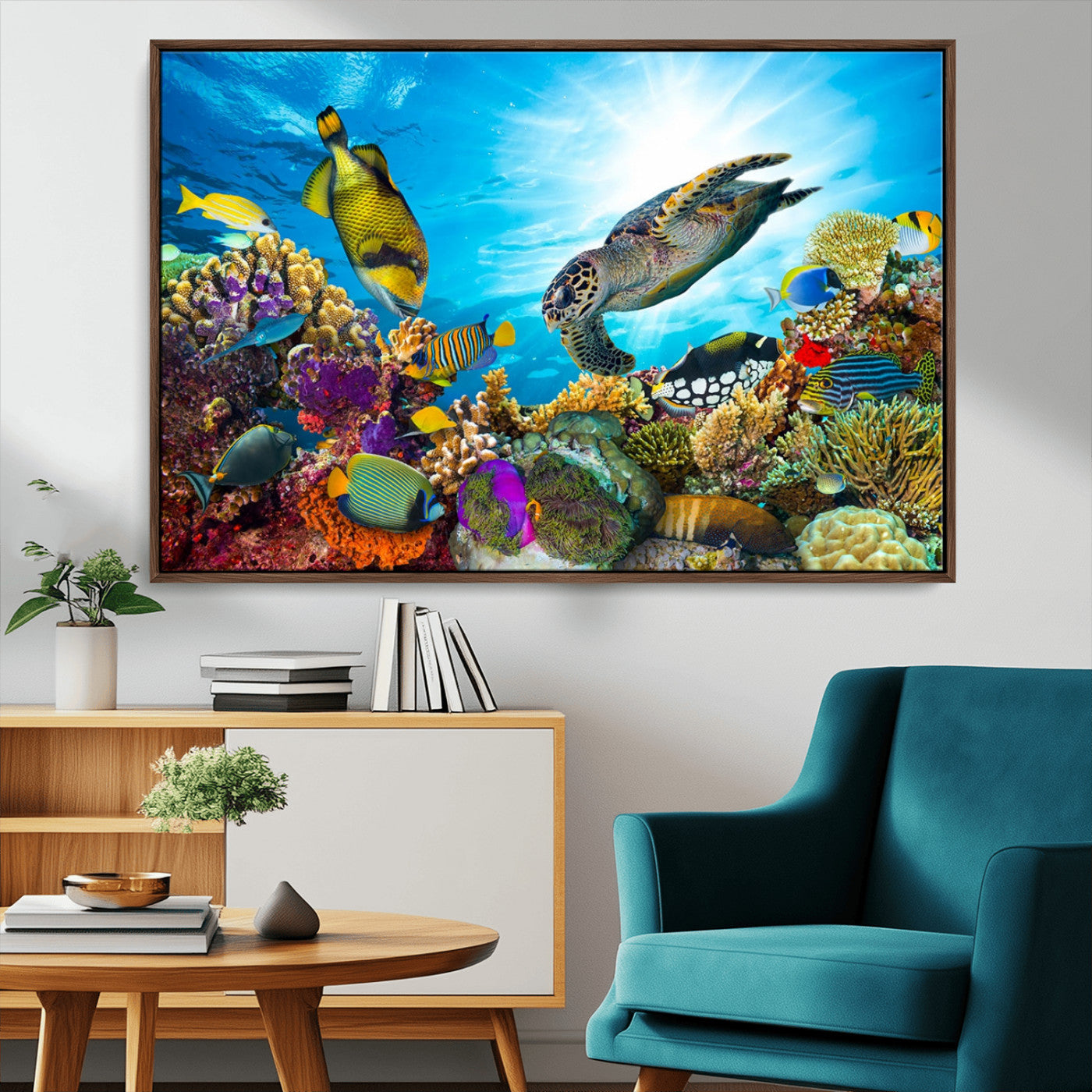 MGV-FC-36X24 - Sea Turtle Coral Reef Wall Art Print – Colorful Underwater Canvas Print – Tropical Ocean Marine Life Artwork – Perfect for Coastal Home Decor