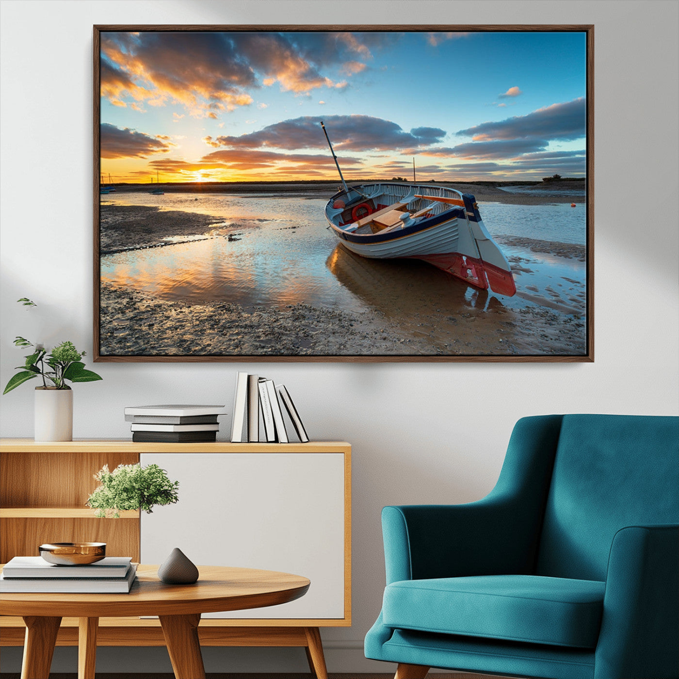 MGV-FC-36X24 - Small Boat At The Beach Sunset Wall Art, Boat Sunset Wall Art Canvas Print