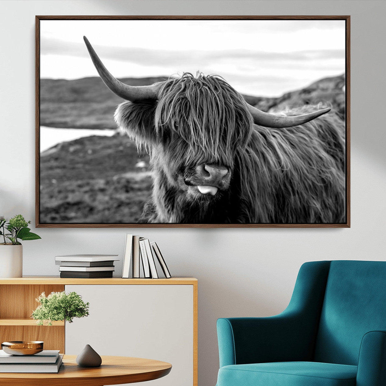 83810-MGV-CV-36X24-Longhorn Steer Canvas Print Wall Art, Highland Cow Canvas Wall Art – Black and White Animal Portrait