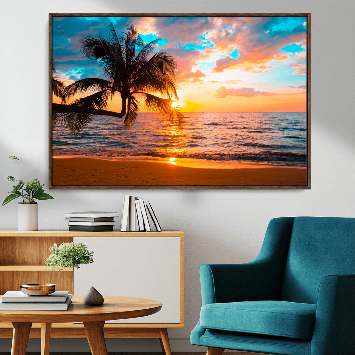 -Palm Tree Sunset On The Beach Wall Art Canvas, Framed Palm Tree Sunset Canvas Print