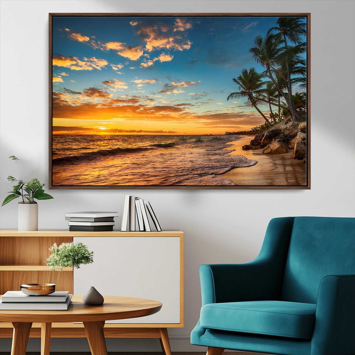 MGV-FC-36X24 - Tropical Beach Sunset Wall Art Print – Palm Tree Coastal Canvas Print – Ocean Seascape Artwork – Perfect for Tropical Modern Home Decor