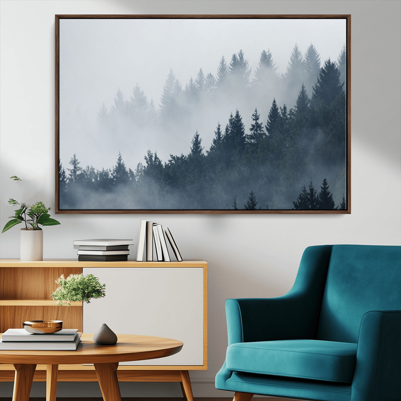 MGV-FC-36X24 - Misty Forest Wall Art Print – Foggy Pine Tree Canvas Print – Dark Woodland Nature Artwork – Perfect for Minimalist and Modern Home Decor