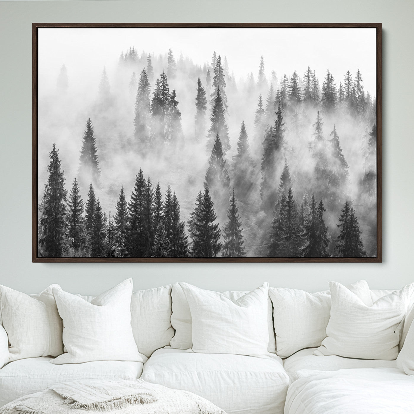 10422-MGV-FC-36X24_Walnut-Forest Wall Art Print | Foggy Pine Forest Canvas Wall Art - Black and White Nature Decor for Living Room