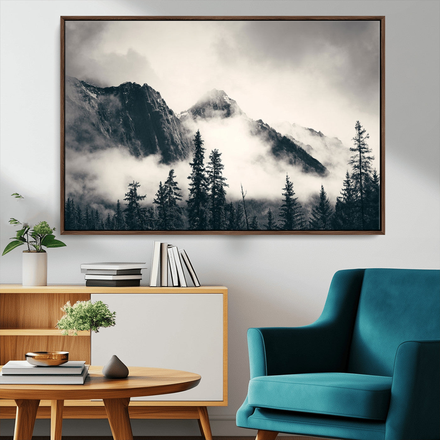 MGV-FC-36X24 - Large Foggy Mountain Forest Wall Art Canvas Print | Misty Mountain Peaks and Pine Trees Print | Framed Gallery Wrap | Rustic Nature Farmhouse Decor