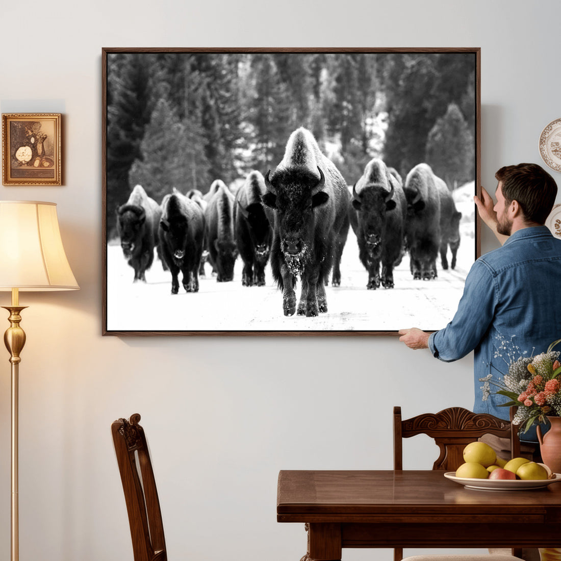Bison Herd in Snow Wall Art Canvas Print | Rustic Western Bison Wall Art for Living Room